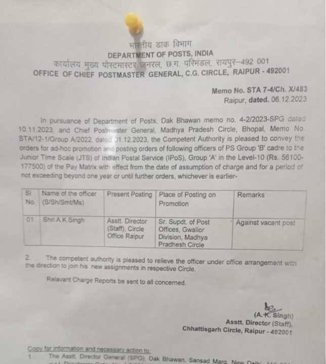 छत्तीसगढ़ डाक सर्किल के एडीशनल डायरेक्टर के तबादला आदेश में संशोधन