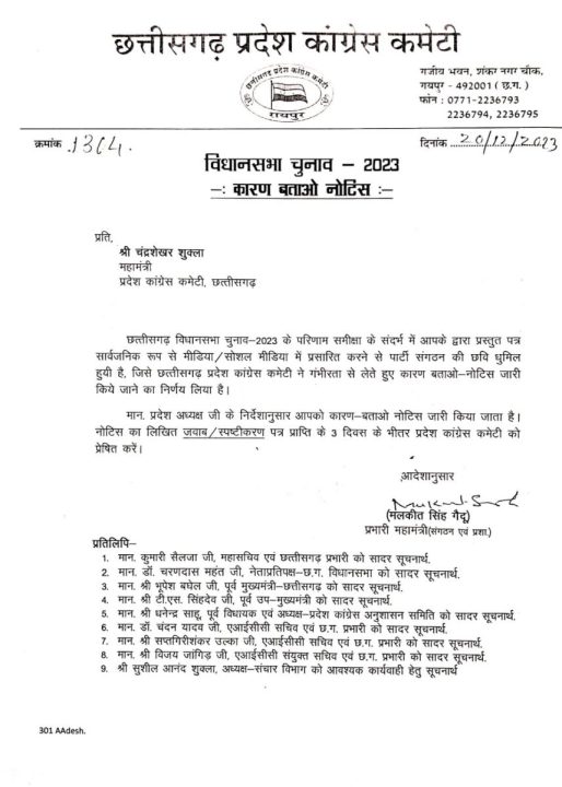 चंद्रशेखर शुक्ला को कांग्रेस ने जारी किया नोटिस